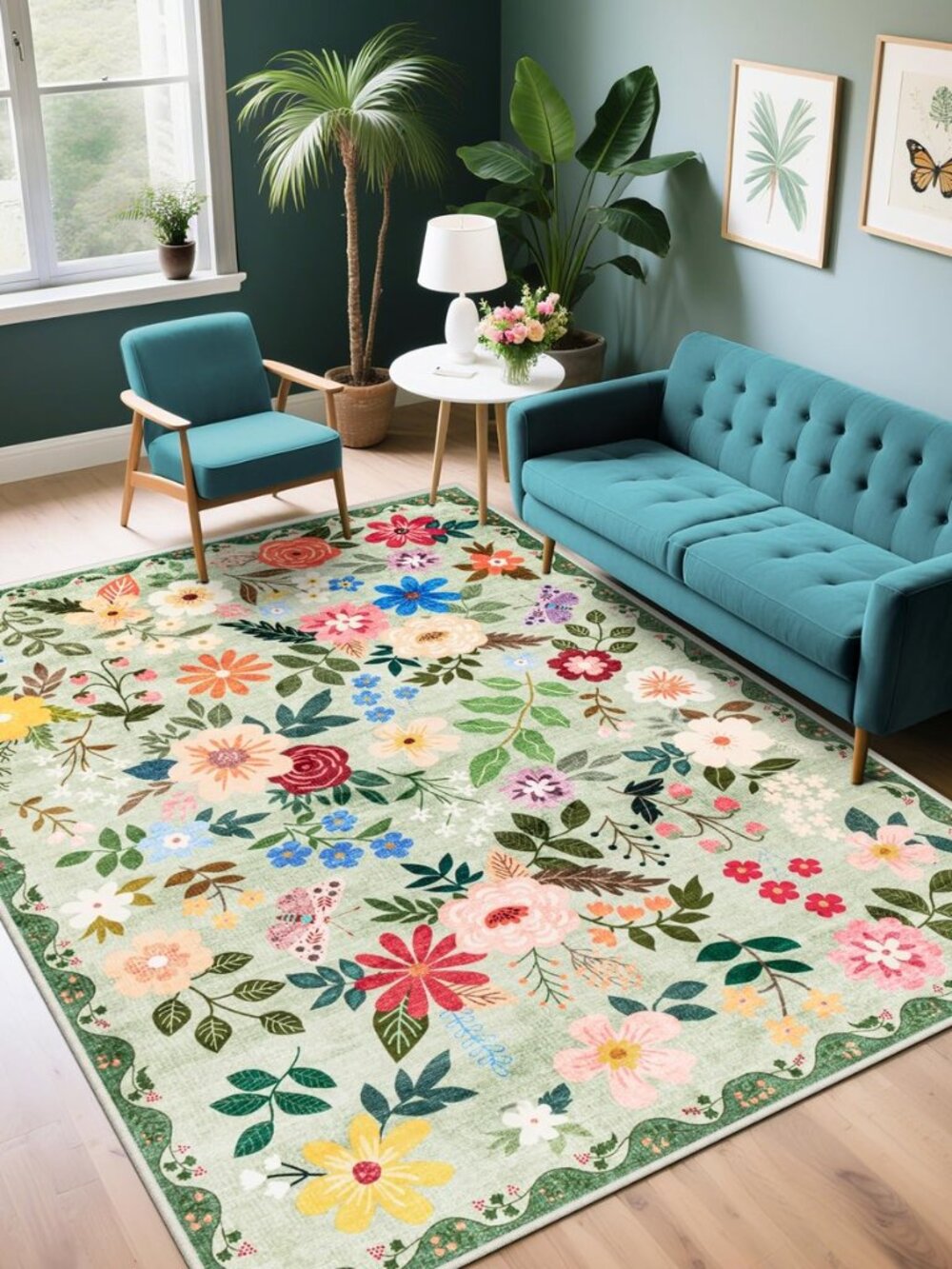 Area Rug Living Room: 4x6 Floral Washable Boho Soft Carpet Green